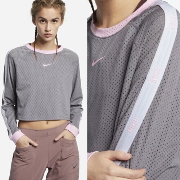 Nike Gray Hyper Femme Cropped Long Sleeve Mesh Running Top - Picture 1 of 6